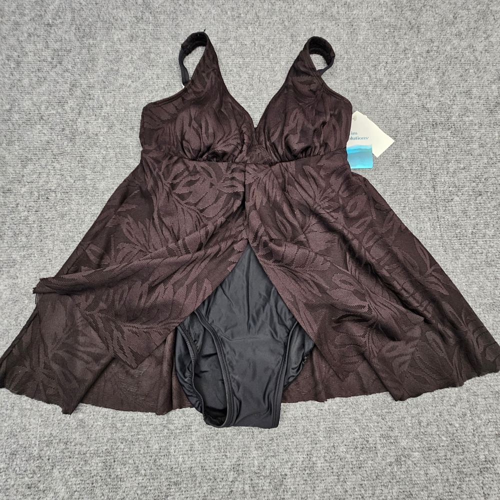 Swim Solutions Women Swimdress Flyaway Tummy Control Leaf Textured Black Size 8 - Picture 2 of 5